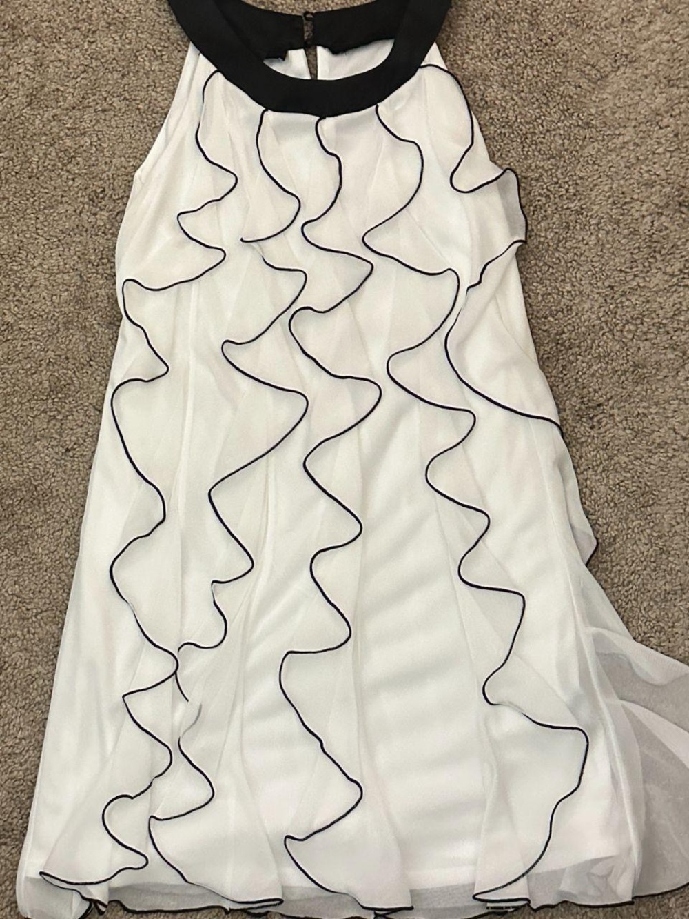 White Chiffon Ruffle A-Line Dress with Black Trim